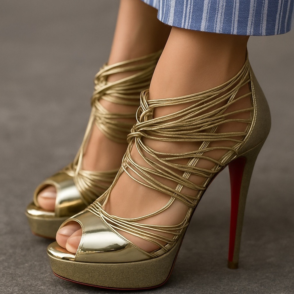 Christian Louboutin Lady Peep Gold Glitter Platform Heels Women’s EU 36